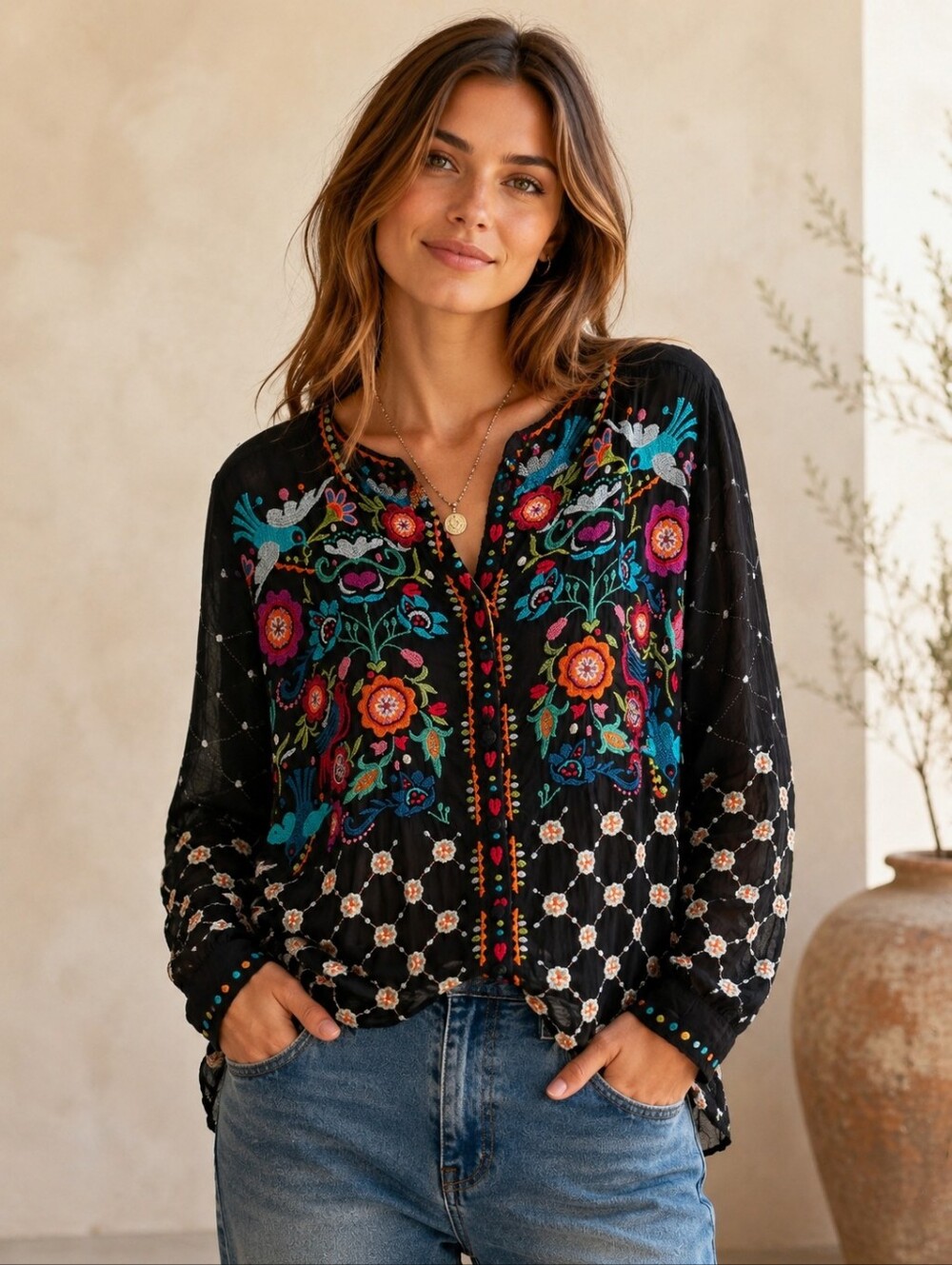 Johnny Was Black Embroidered Floral Long-Sleeve Blouse